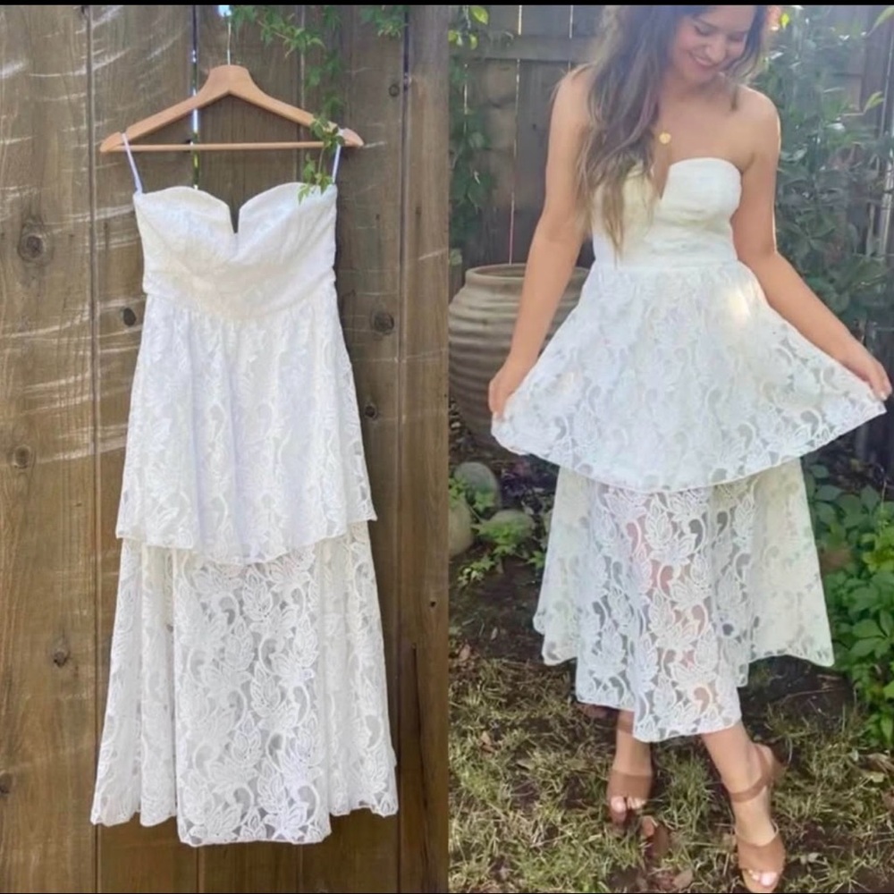 Lulu's White Lace Strapless Midi Dress